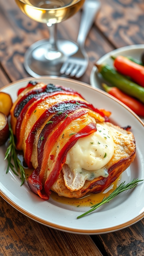 Crispy bacon wrapped stuffed chicken breast on a plate with roasted vegetables and herbs.